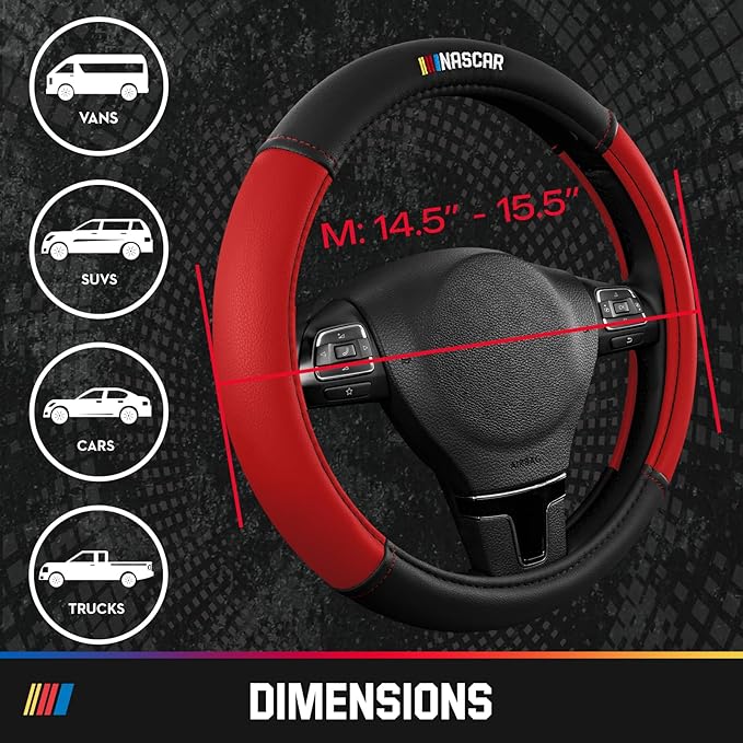 NASCAR Steering Wheel Cover, Two-Tone Red Leather Patchwork, Universal Fit 14.5"-15.5" Steering Covers for Cars, Anti-Slip, S