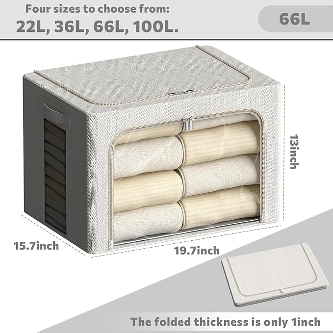 FHSQX 6 Pack Clothes Storage Bins with Metal Frame Foldable Storage Bins for Clothes Linen Fabric Storage Box with Clear Wind