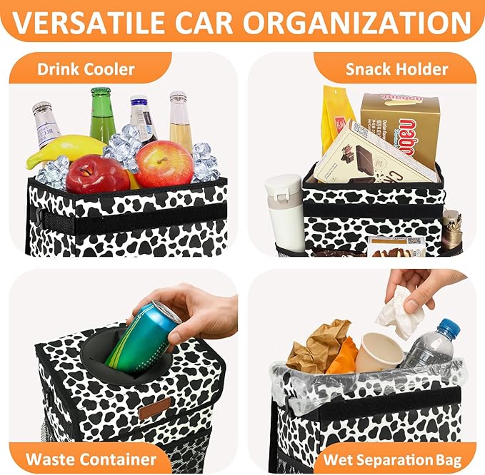 3 Gallons Car Trash Can with Lid, Car Bag Bin Hanging Waterproof Automotive Garbage Cans Leak Proof Vehicle Trash Can Cow Print