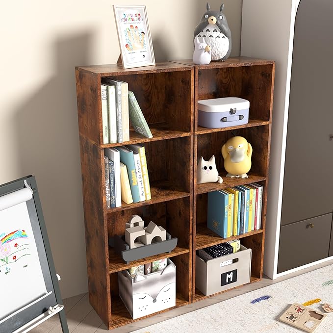 Wooden 4 Cube Storage Organizer, 4 Tier Tall Vintage Bookshelf Freestanding Storage Display Organizer, Versatile Cubes Shelf 