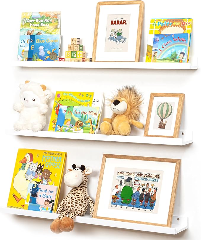 Picture Ledge Shelf for Wall, 36 inches Solid Pine Wood Nursery Book Shelves 3 Packs, Floating Ledge Shelves for Kids' Room B
