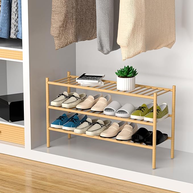 ROMGUAR CRAFT 3-Tier Bamboo Long Shoe Rack, Free Standing Wood Shoe Shelf Storage Organizer for Closet Entryway Stackable 35"