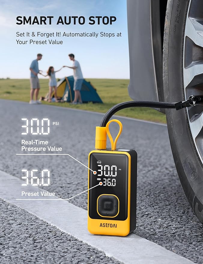 AstroAI L7 Air Tire Inflator Portable Air Compressor, 150PSI Electric Cordless Car Pump with Fast 1-min Inflation, Auto Shutoff, LED Light – Rechargeable for Car, SUV, Motorcycle, Bike Tires, Yellow