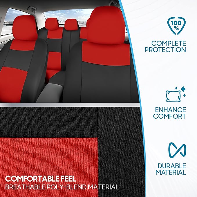 BDK PolyPro Car Seat Covers Full Set in Red on Black – Front and Rear Split Bench Seat Covers, Easy to Install, Accessories f