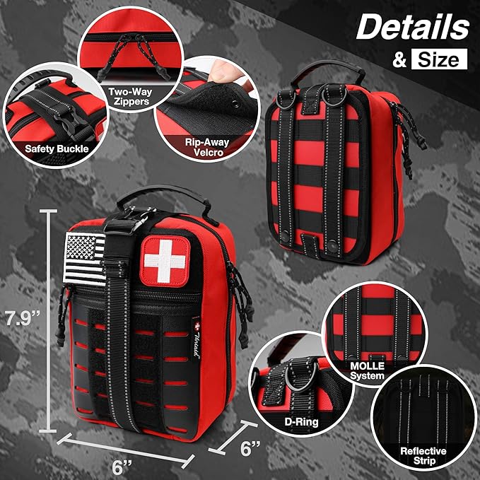 Survival First Aid Kit with Israeli Bandage, Chest Seal, Tourniquet, Splint, Tactical Military Combat Molle IFAK for Wound Ca