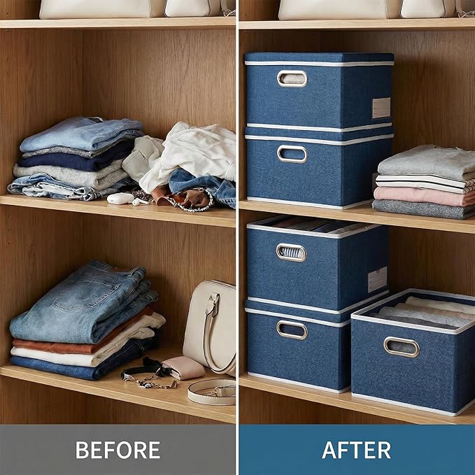 PRANDOM Storage Bins with Lids [3-Pack] Linen Fabric Foldable Storage Boxes Organizer Containers Baskets Cube with Cover for 