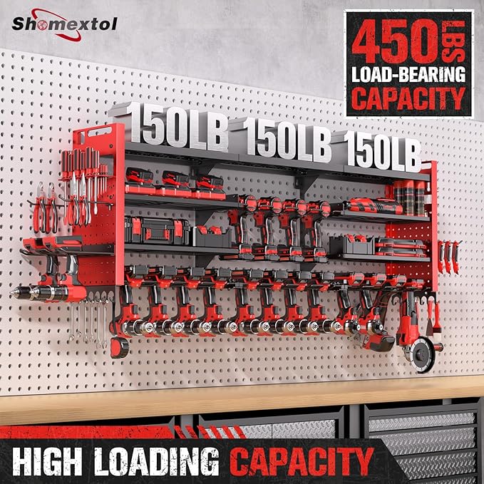 49.8" W Super Large Power Tool Organizer Wall Mount,4-Layer Heavy Duty Tool Storage with 18 Cordless Drill Holder,600 lb Capa