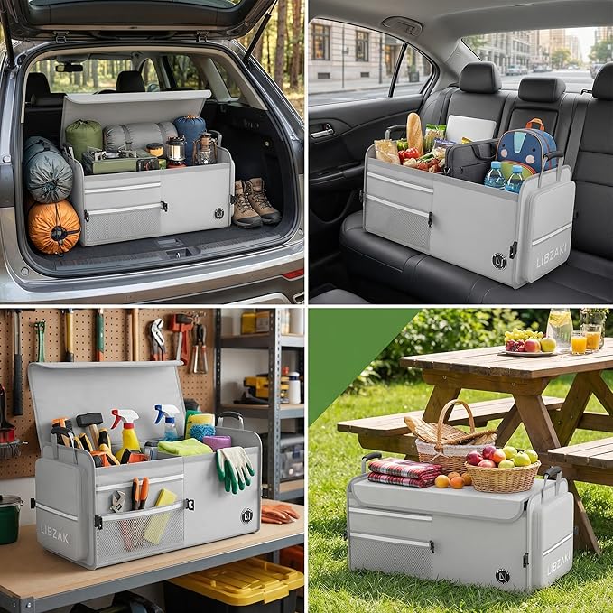 LIBZAKI Car Trunk Storage Organizer, Multi Compartment Collapsible Trunk Storage Box for Car Truck SUV-Gray