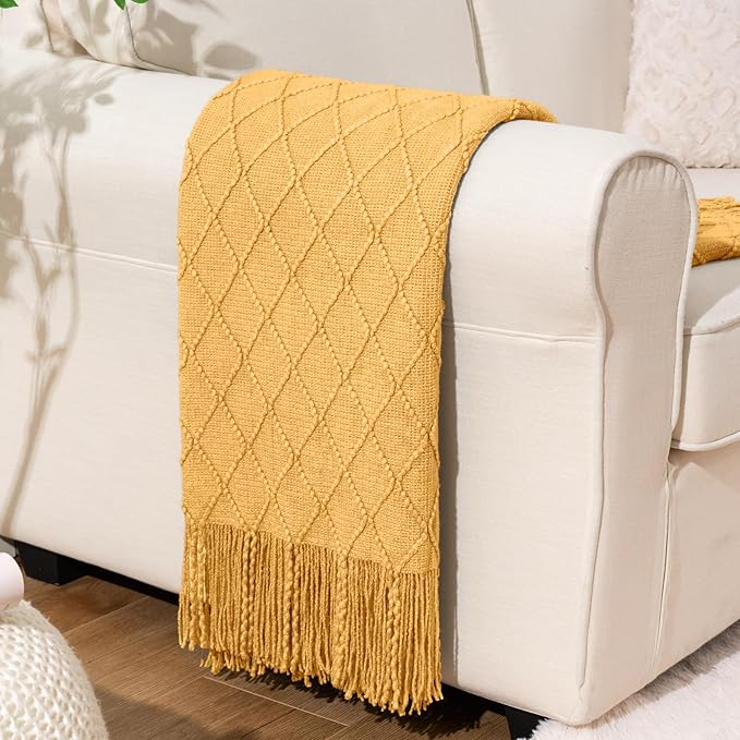 BATTILO HOME Yellow Throw Blanket with Fringe, Gold Bed Throws Spring Decorative Large Throw for Couch Sofa Indoor Outdoor (Y