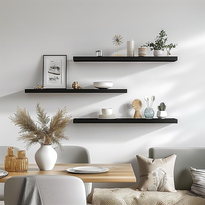 36 Inch Floating Shelves for Wall Rustic Black Wood Wall Shelves for Bedroom Set of 4