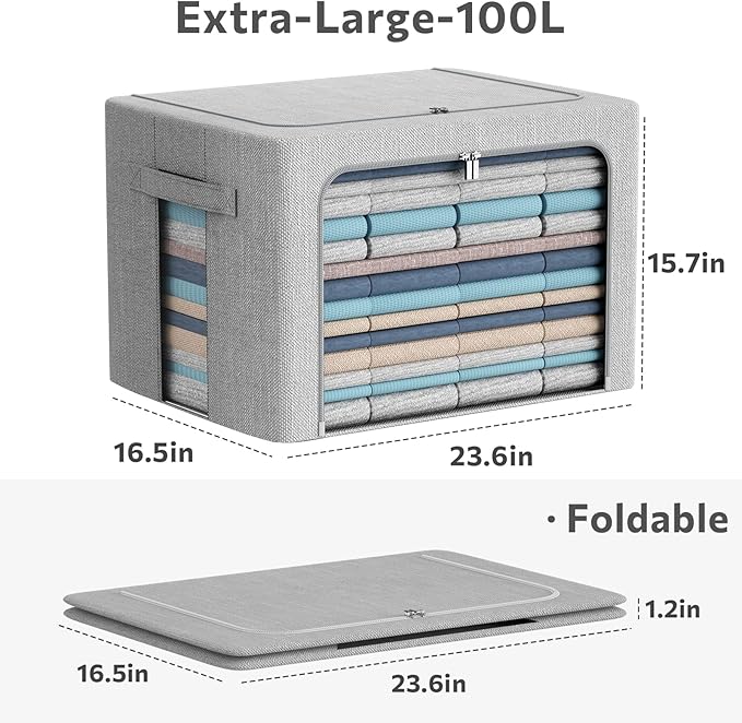 CYhom 2Pack Extra Large Clothes Storage Bins Box - Linen Fabric Foldable Stackable Container Organizer Set with Clear Window 