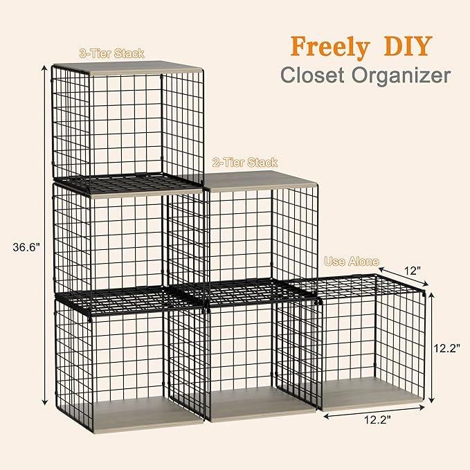 Hencawima 6 Pack Stackable Closet Organizers and Storage Basket, Closet Shelves with Wood Top, Clothes Storage Bin/Cube Organ