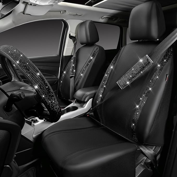 CAR PASS Leather Bling Seat Covers Full Sets 16 pcs, Bling Diamond Car Accessories Set for Women, Sparkly Rhinestone Steering