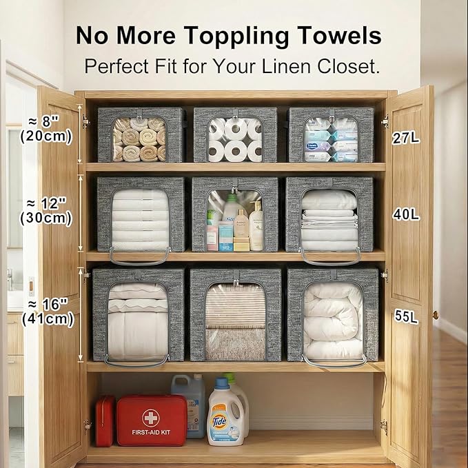 GoMaihe Clothes Storage Bin with Metal Frame: 6-Pack Stackable Closet Storage Bin with Lid & Clear Window, Sweater Boxes Stor