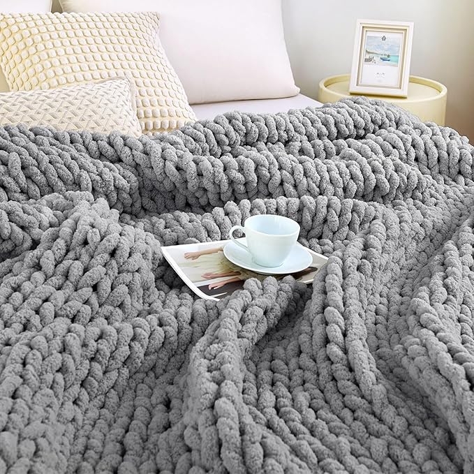 Admitrack Chunky Knit Blanket Throw, 100% Hand Knit Chenille Throw Blanket for Sofa & Home Decor, Soft and Cozy Knitted Throw
