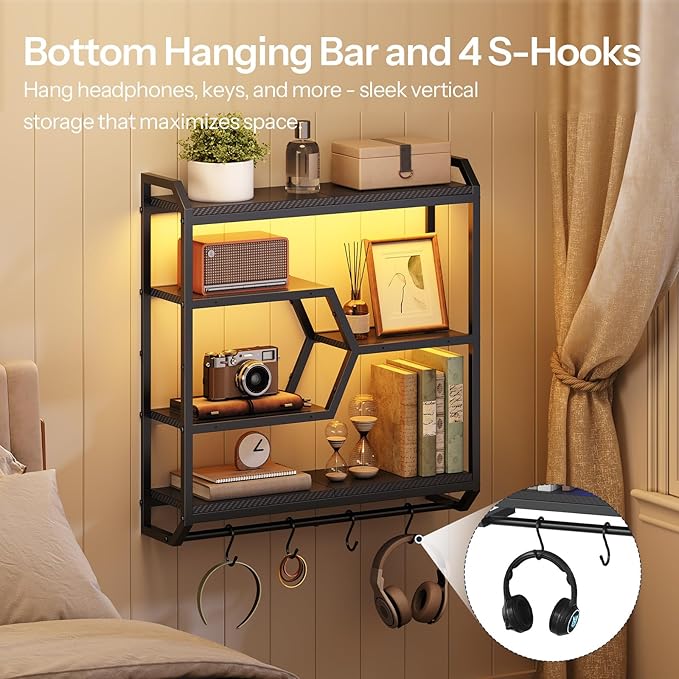 HOOBRO Gaming Floating Shelf with LED Lights, 27.5" LED Wall Mounted Shelf with Hanging Rod & 4 S-Hooks, 4-Tier Hanging Displ