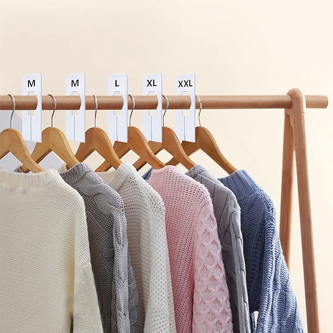 40 Pack Rectangular White Plastic Clothing Size Closet Rack Dividers Hangers, Preprinted in 8 Sizes XXS, XS, S, M, L, XL, XXL