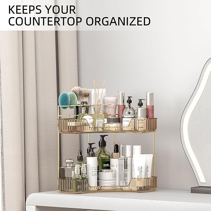 Corner Bathroom Counter Organizer with Top Toothbrush Holders, 2-Tier Make Up Organizers for Vanity with Brush Holder, Corner