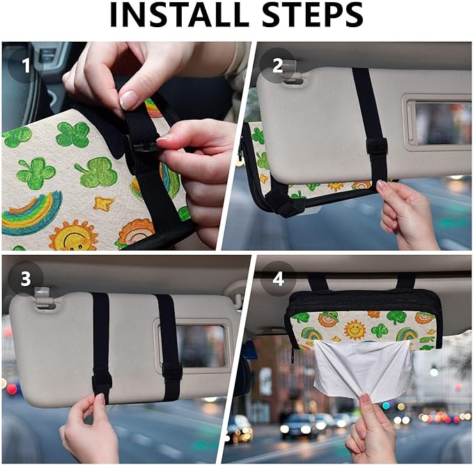 Car Tissue Holder Car Visor Organizer Tissue Box Holder for Car Sun Visor Organizer with Car Vehicle Accessories Essentials Interior for Women Men Light Leprechaun Clovers St.Patrick Rainbows