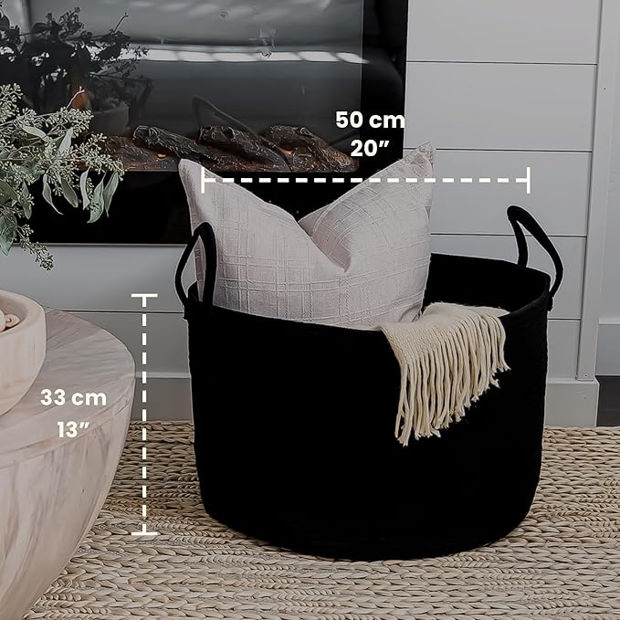OrganiHaus Large Woven Storage Basket for Blankets and Toys 20" x 13" Inch, Rope Laundry Basket with Handles, Cushions & Pill