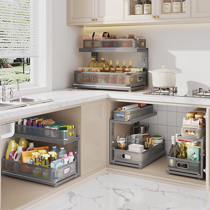 2 Pack 21IN-Depth Under Sink Organizer With Next-Gen Ball-Bearing Slides,2-Tier Precision Mesh Pull Out Cabinet Storage for B