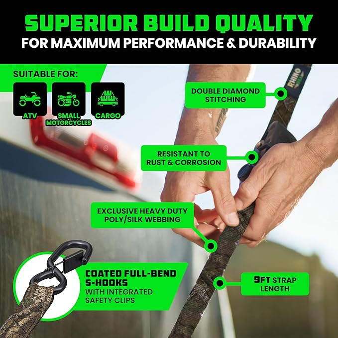 Rhino USA x Realtree Retractable Ratchet Straps (4PK) 1"x 9' (1,209lb Break Strength)- Heavy Duty Auto Self Retracting Tie Down Straps for Truck, Cargo Trailer, Motorcycle, ATV, UTV- Realtree APX Camo