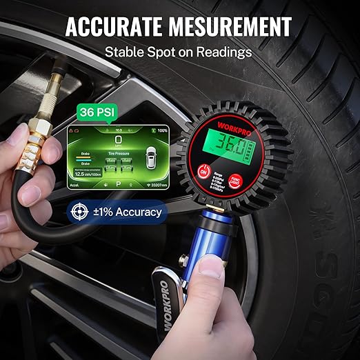 WORKPRO 12PCS Digital Tire Pressure Gauge with Inflator, 250 PSI, Heavy Duty Air Compressor Attachments with Storage Bag, Tire Gauge with Brass Air Chuck and Rubber Hose for Vehicles and Inflatables