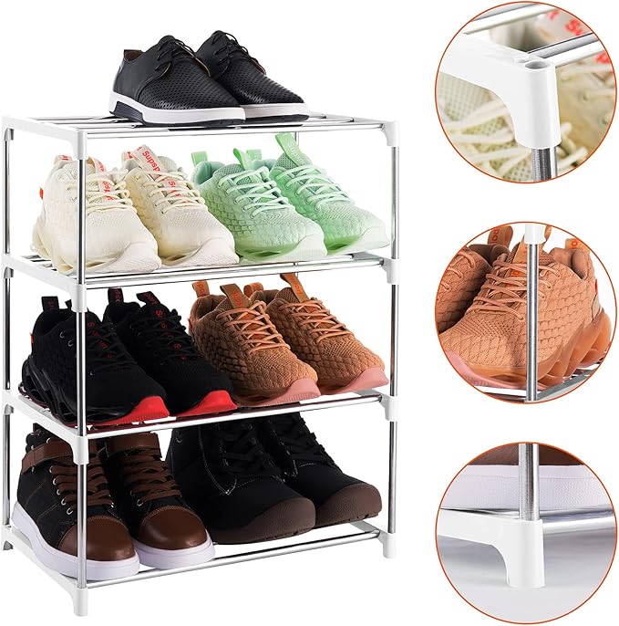 4-Tier Stackable Small Shoe Rack, Lightweight Shoe Shelf Storage Organizer for Entryway, Hallway and Closet(White)