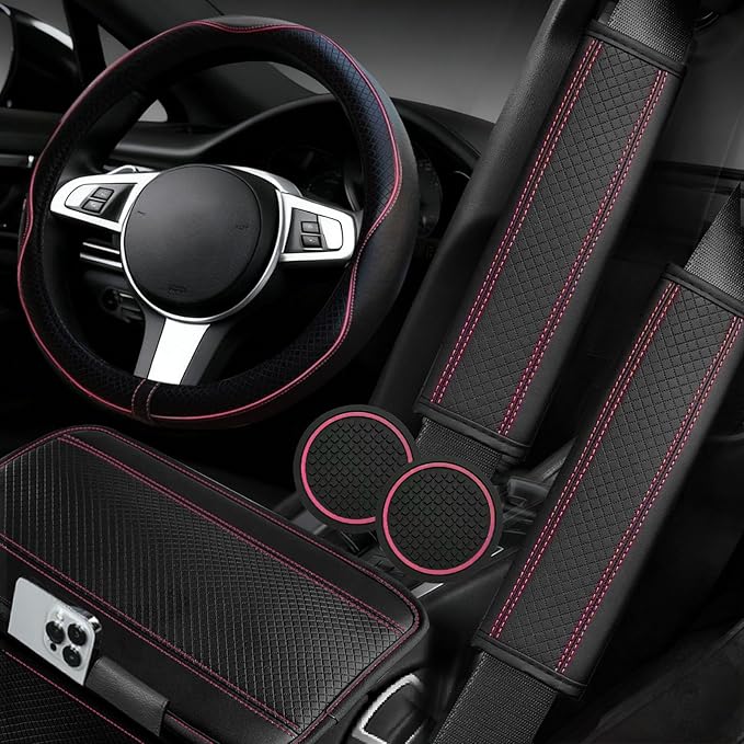 NBTEPEM 6 PCS Car Steering Wheel Cover Set, Microfiber Leather Steering Wheel Covers Universal 14.5-15 inch, Center Console C