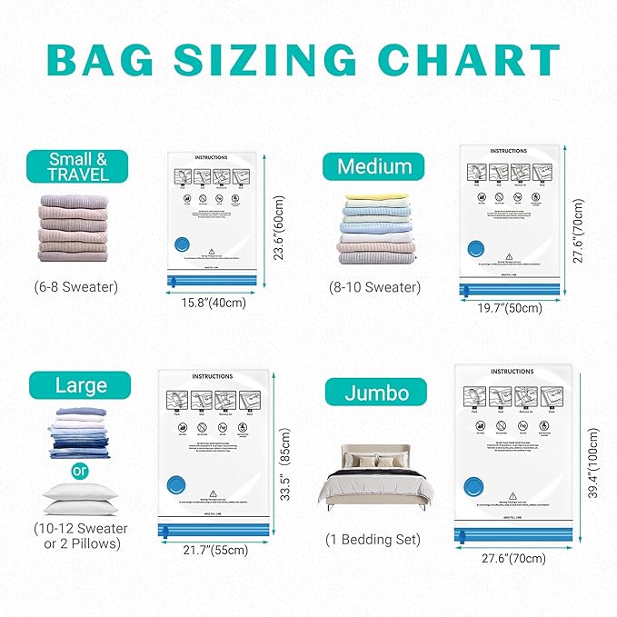 15 Pack Vacuum Seal Bags for Clothing &Travel, Space Saver Vacuum Storage Bags for Blankets,Luggage,Clothes,Comforter, Hand P