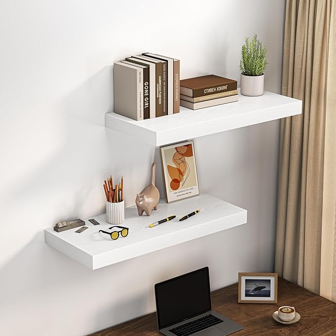 Dreamland 32" Floating Shelves for Wall, 12" Deep Thicker White Floating Shelves, Wall-Mounted Shelves for Bedroom, Living Ro