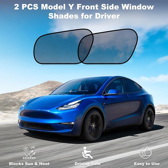 XCBYT Tesla Model Y Car Window Shades for Driver | 2 PCS Cling Side Window Sun Shade for Sun Blocker, Heat Insulation | Transparent Front Window Shade for Clear Visibility