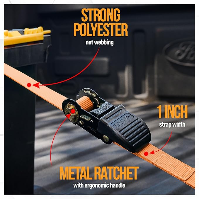 FORTEM Ratchet Straps, Tie Down Strap Set 1650lb Break Strength, 4 Pack 15ft x 1in, 4 Soft Loops, Moving Straps Tie Downs, Cargo Cam Buckles for Trucks, Carry Bag, for Men