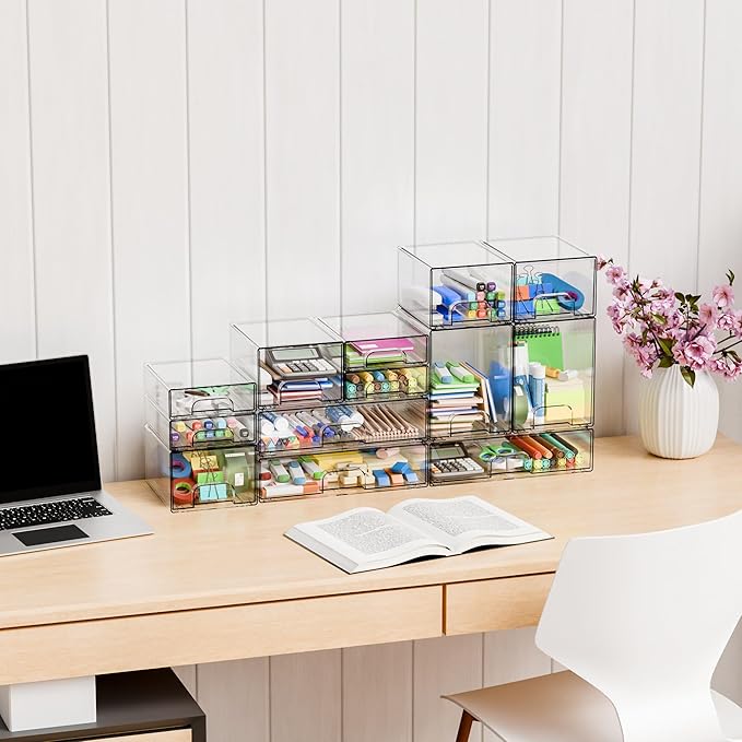 Yieach 8 Pack Small Clear Stackable Storage Drawers,2.2'' Tall Desk Organization and Storage,Plastic Office Supply Organizer,