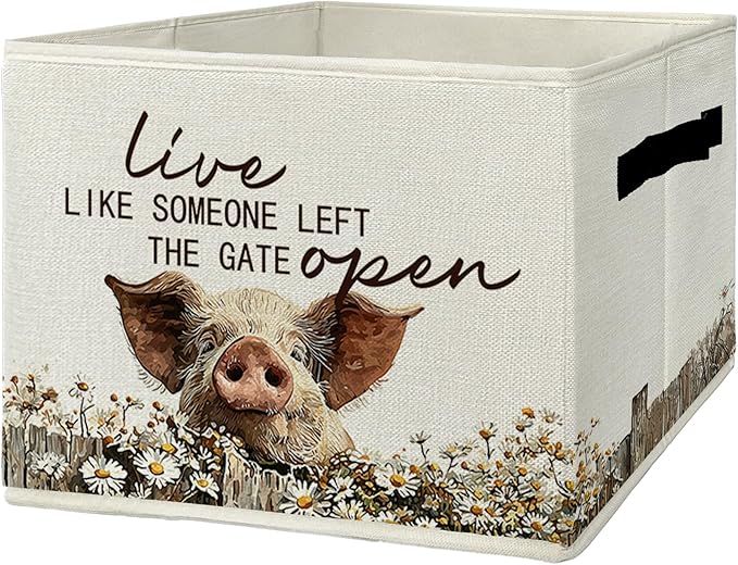 Rustic Pig Storage Bins & Boxes with Handles, Farmhouse Pig Foldable Basket for Organizing, Live Like Someone Left the Gate O