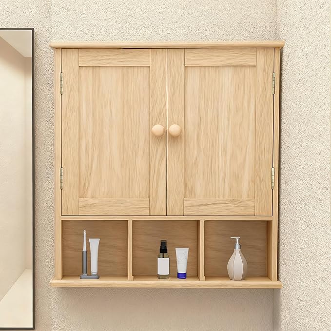 TaoHFE Natural Wooden Color Bathroom Wall Cabinet with 2 Door Adjustable Shelves,Over The Toilet Storage Wall Mounted Medicin