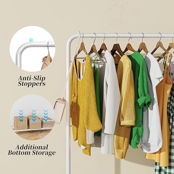 Simple Trending Standard Clothes Clothing Garment Rack with Storage Shelves, Rolling Clothes Organizer on Wheels for Hanging 