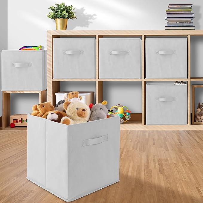 Casafield Set of 6 Collapsible Fabric Cube Storage Bins, White - 13" Foldable Cloth Baskets for Shelves, Cubby Organizers & M