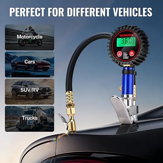 WORKPRO 12PCS Digital Tire Pressure Gauge with Inflator, 250 PSI, Heavy Duty Air Compressor Attachments with Storage Bag, Tire Gauge with Brass Air Chuck and Rubber Hose for Vehicles and Inflatables