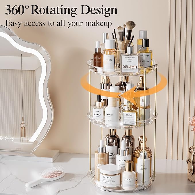 Delamu 3 Tier Rotating Makeup Organizer for Vanity, Skincare Organizer for Bathroom Counter, Spinning Perfume Organizer Cosme
