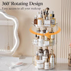 Delamu 3 Tier Rotating Makeup Organizer for Vanity, Skincare Organizer for Bathroom Counter, Spinning Perfume Organizer Cosme
