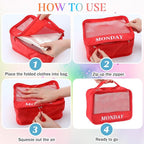 Days of Week Packing Cubes Weekly Organizer Travel Storage Bag School Clothes for Kids Summer Camp Family(9x7x3inch,Rainbow,1