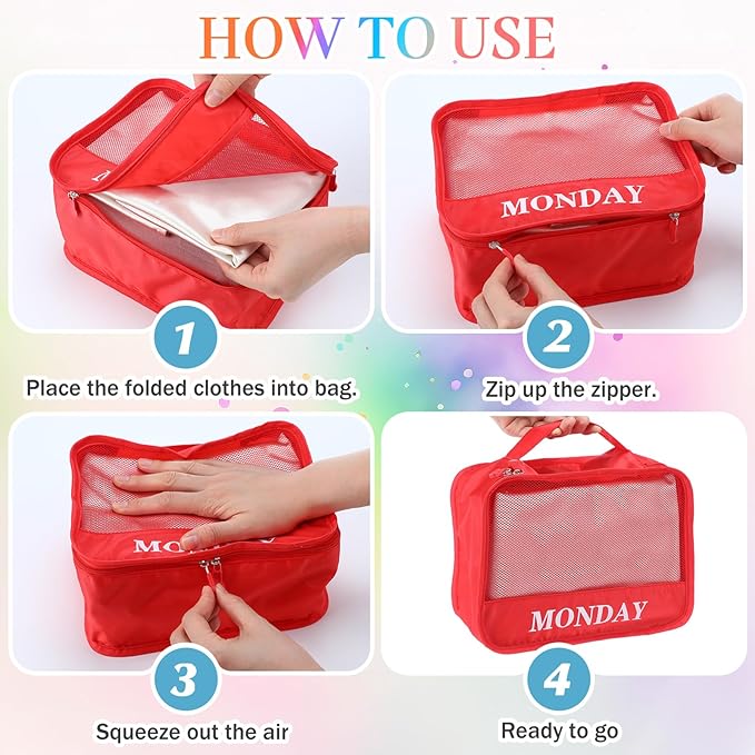 Days of Week Packing Cubes Weekly Organizer Travel Storage Bag School Clothes for Kids Summer Camp Family(9x7x3inch,Rainbow,1