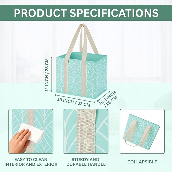 VENO 3 Pack Reusable Grocery Bags, Shopping Bags for Groceries, Tote with Handles and Hard Bottom, Foldable Shopping Cart Organizer, Water Resistant, Heavy-Duty (Evergreen, 6 Gallon)