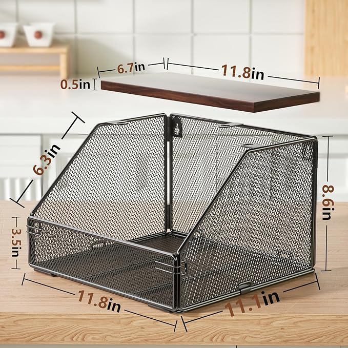 Stackable Fruit Basket for Kitchen Countertop Space Saving, Wall Mounted Mesh Metal Wire Basket with Wood Lid Extra Storage, 