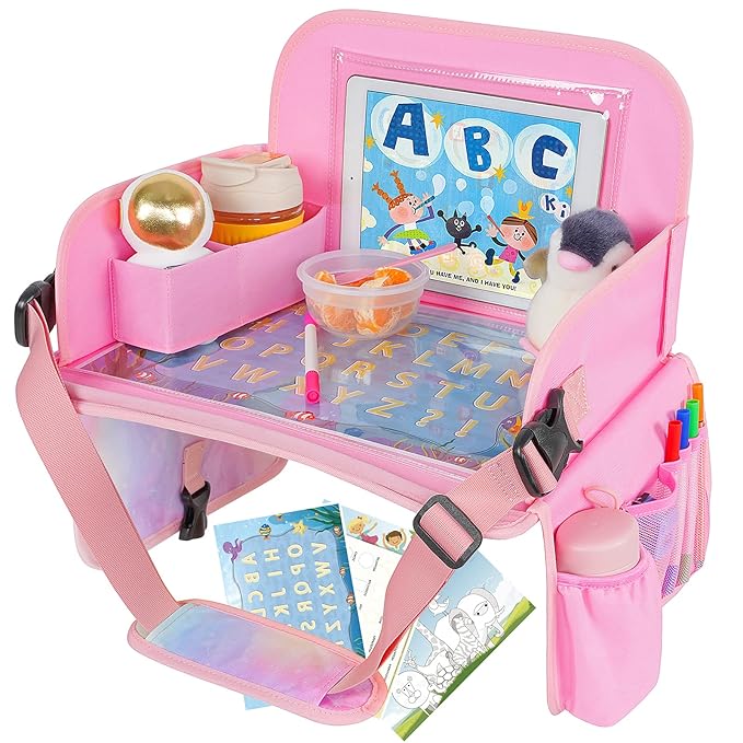 MENZOKE Kids Travel Tray, Car Seat Table Tray, Road Trip Essentials with Educational Drawing Board, Tablet Holder & Cooler Cu