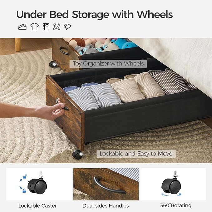 Under Bed Storage with Wheels, Wooden Under Bed Drawers On Wheels, Rolling Under Bed Shoe Storage, Space Saving,Rustic Brown,