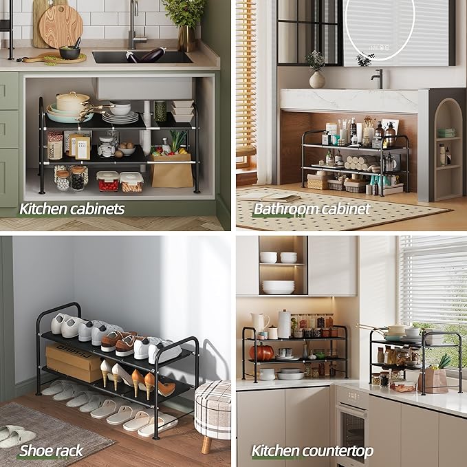 NETEL Under Sink Organizers and Storage,2 Tier Shelf Under Bathroom Sink,Cabinet Organizer with 8 Removable Carbon Steel Pane