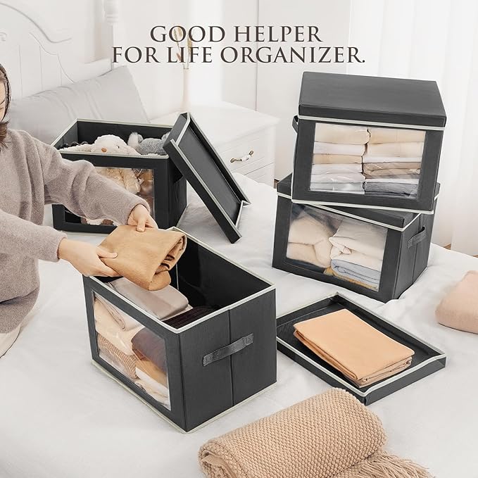 Homsorout Stackable Storage Bins with Lids - Large Storage Box with Lids, Foldable Closet Boxes for Organizing, Wardrobe Clot