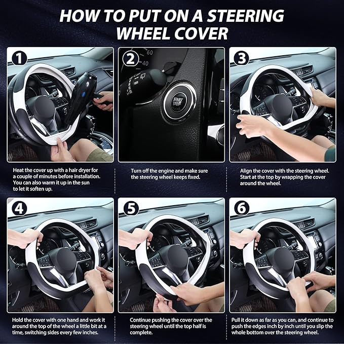 SEG Direct Flat Bottom Steering Wheel Cover, D Shaped Car Wheel Cover 14 1/2-15 in. (37-39 cm), Black White Microfiber Leathe